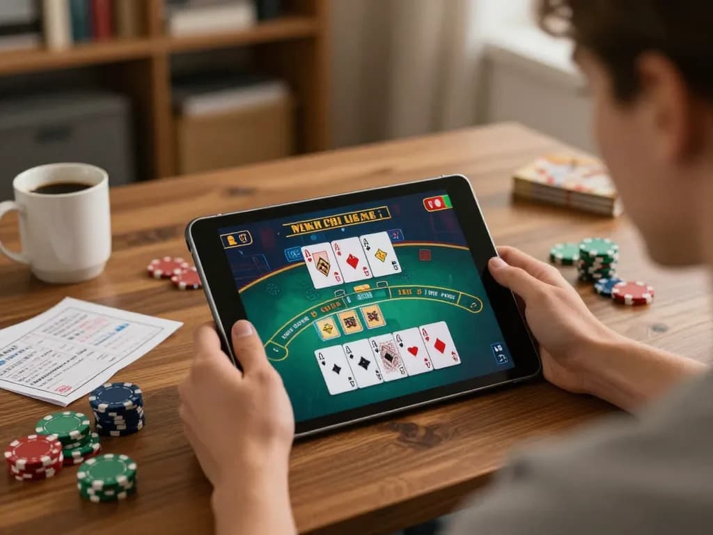 Play exciting blackjack online at lc88 in a cozy home setting, focused on strategy.