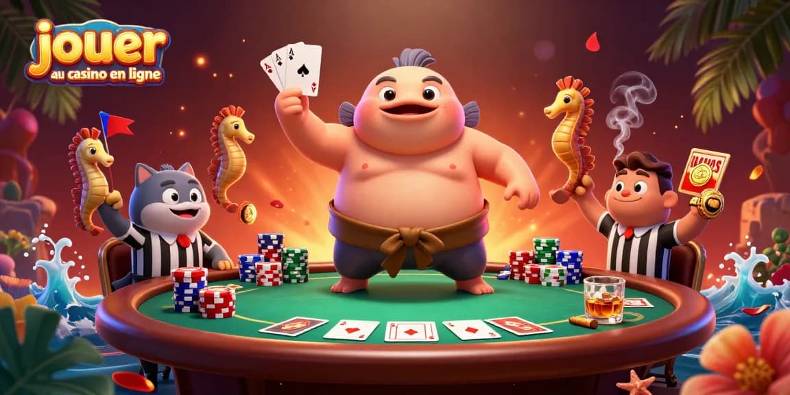 Jouez au casino en ligne avec une illustration dynamique de poissons, cartes et jetons de poker.