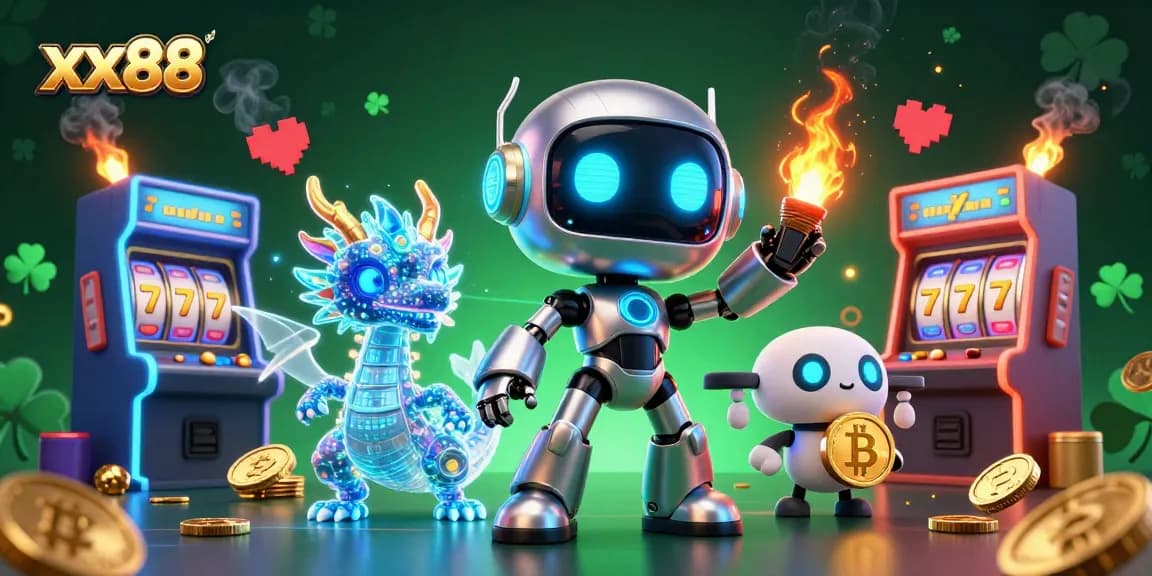 Engage with xx88's vibrant casino world featuring a neon cyberpunk robot and a holographic dragon.
