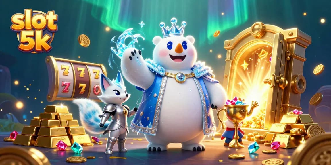 Spin the reels at slot 5k, featuring a dazzling polar bear royalty with golden treasures around.