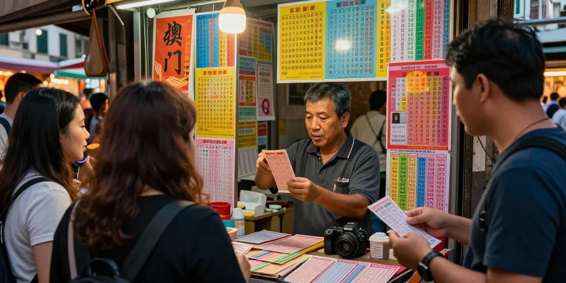 Pasar lotere Macau yang penuh semangat dengan angka untung dan pengunjung yang berinteraksi.