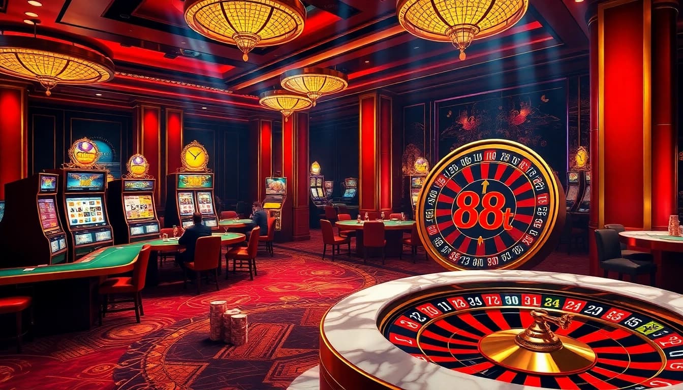 Players strategizing at a poker table in an exciting casino scene, highlighted by “88t” poker chips.