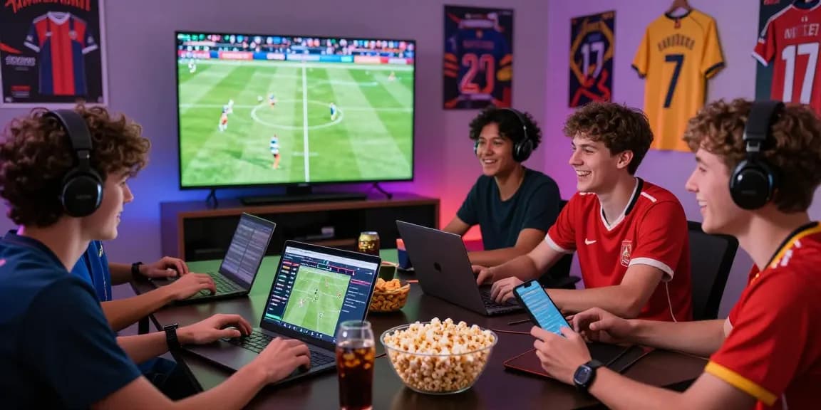 Engaging scene of friends enjoying a sports betting event, 瞭解內容 in a lively atmosphere with snacks and team spirit.