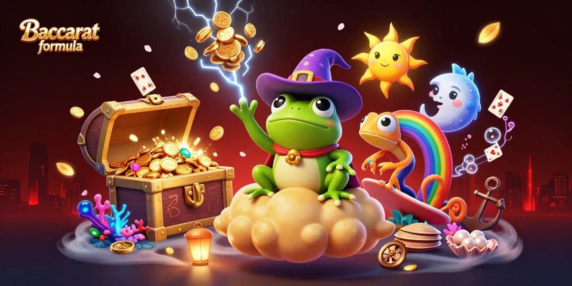 Engage in the Baccarat formula through this vibrant 3D casino scene illustrating luck and strategy.