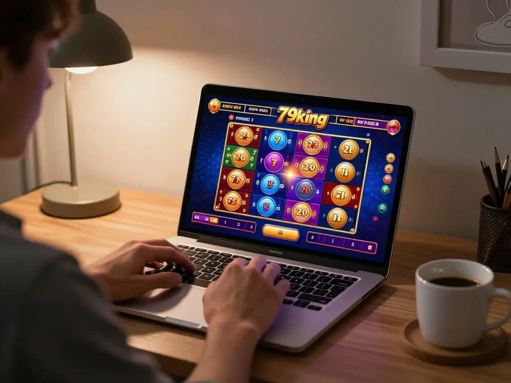 Player enjoying an exciting gaming session on Trang chủ 79king with laptop and coffee.