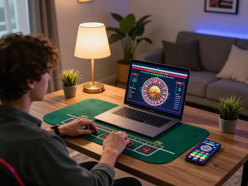 Engaging in online gaming at https://www.mnm88.com/ showcasing a live roulette game with a cozy home ambiance.