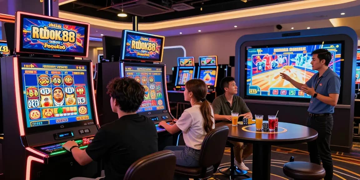 Exciting rokok88 slot gaming scene with engaged players in a modern virtual casino.