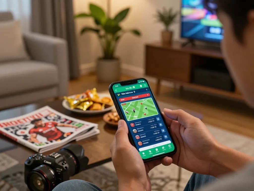 Kèo nhà cái 5 displayed on smartphone while engaged in online sports betting at home