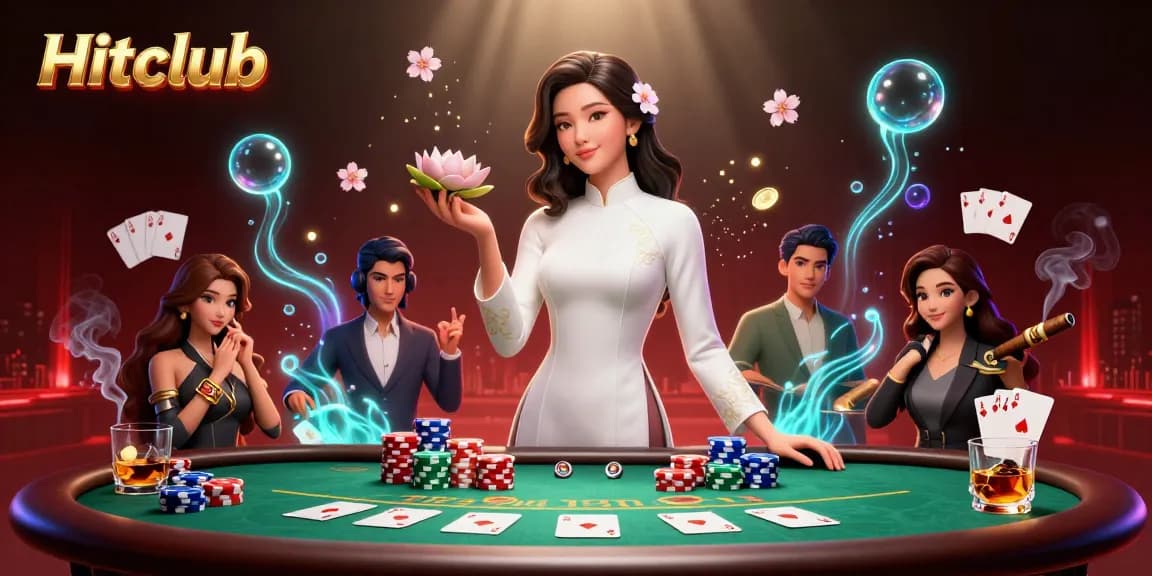 Hitclub showcases an elegant Asian woman in a casino scene, surrounded by vibrant poker elements.