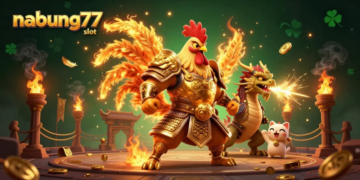 Experience thrilling action with nabung77 slot, featuring a roaring dragon and a golden rooster warrior.
