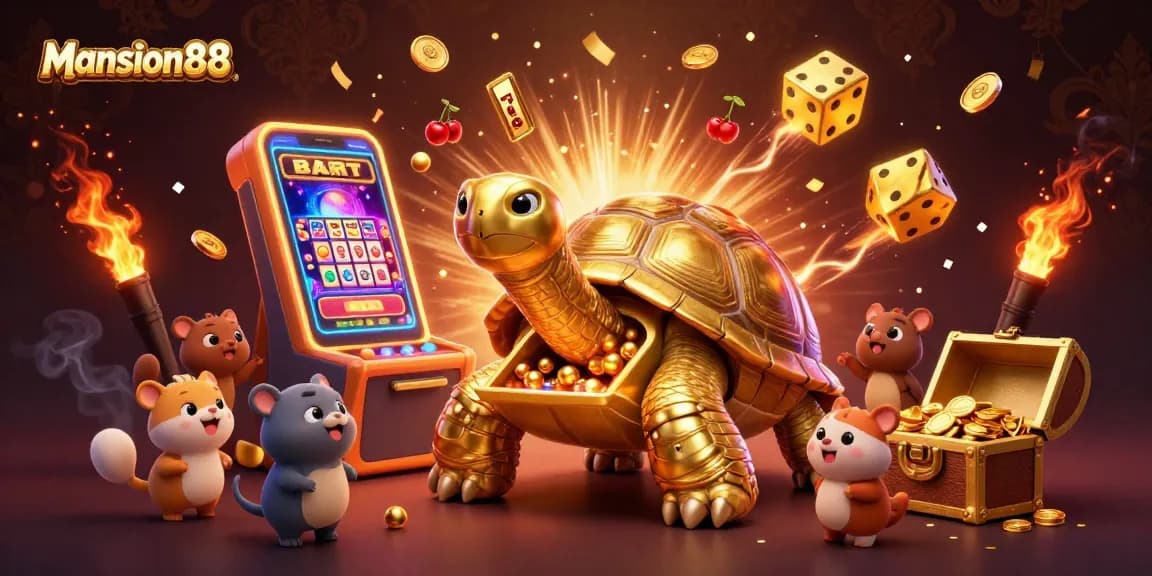 Experience thrilling wins at Mansion88 with a vibrant illustration of a golden tortoise pinball and exciting casino elements.