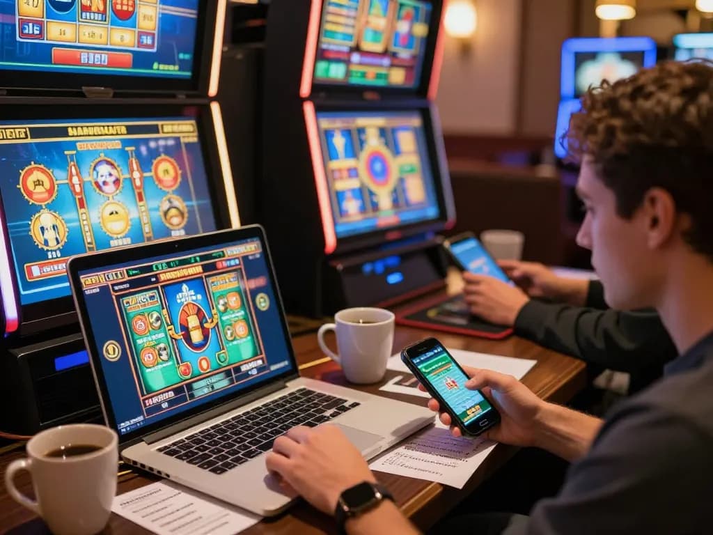 Engaging in top quality widgets gaming at home with laptop and smartphone displays.