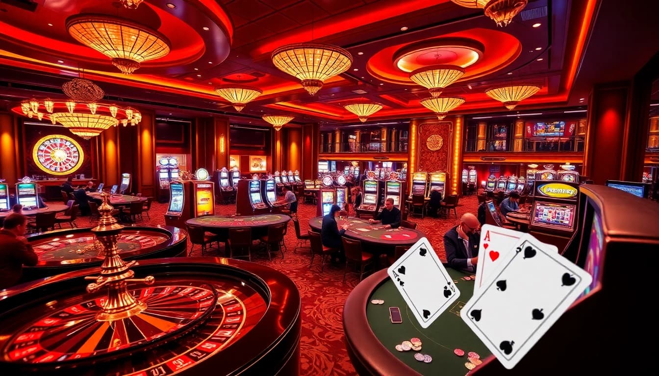 Une scène palpitante d'un casino de luxe mettant en avant les meilleurs aspects du meilleur casino en ligne avec des tables vibrantes et des joueurs engagés.