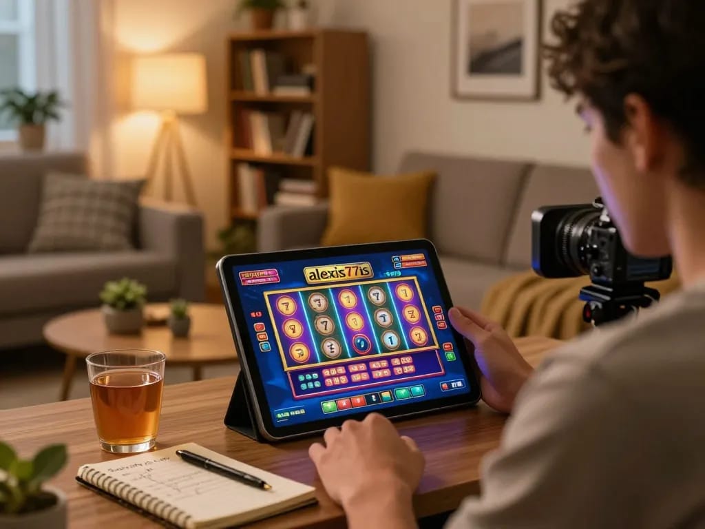 Engaging online gaming session on alexis77's platform, showcasing interactive slots and a cozy home setup.