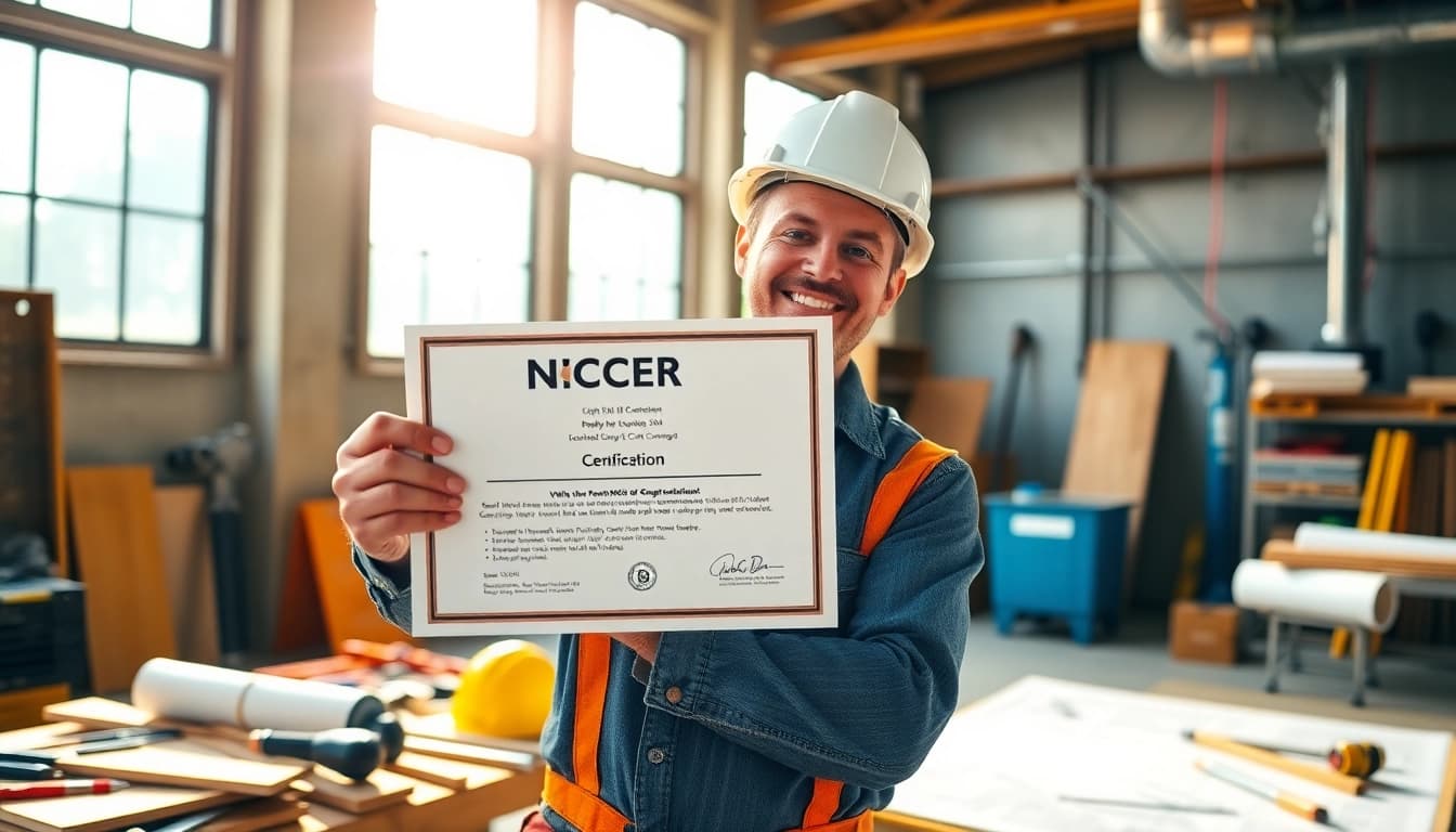Showcase of NCCER certification held by a construction worker in a workshop setting.