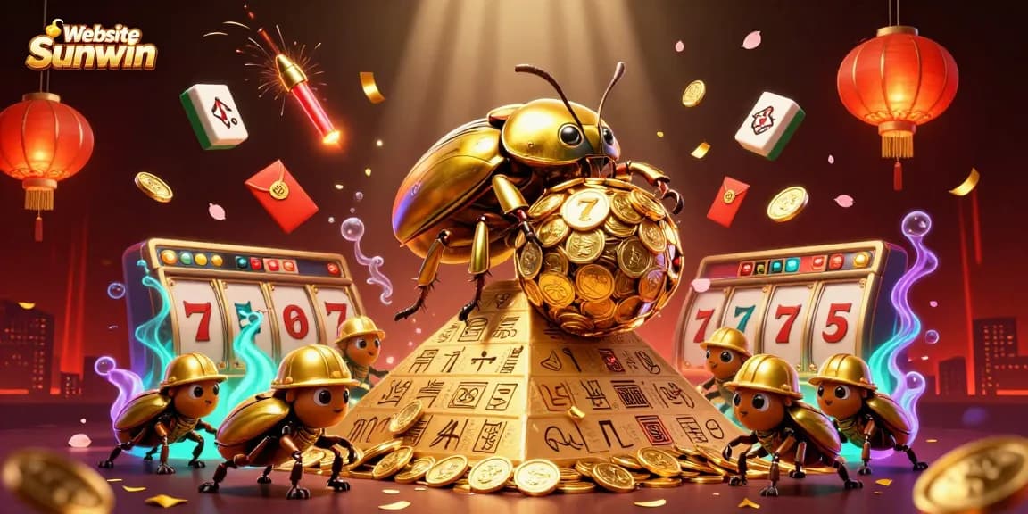 Engage with the exciting experience on Website Sunwin, featuring lively slot game action amidst vibrant casino-themed illustrations.