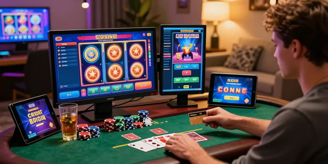 Engaged player exploring credit card casinos at home with vibrant games and poker chips.