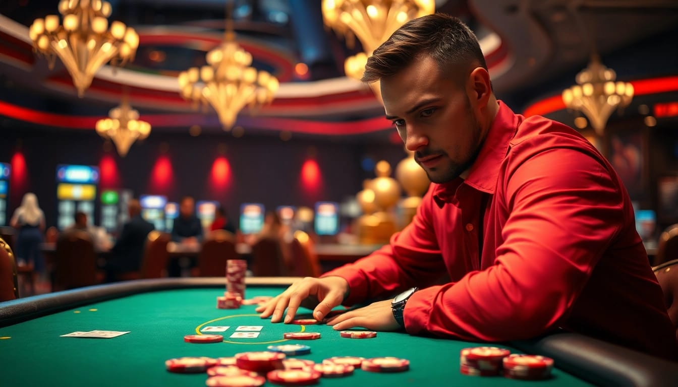 Login poker88 di meja poker dengan pemain penuh fokus dan suasana casino yang mewah.