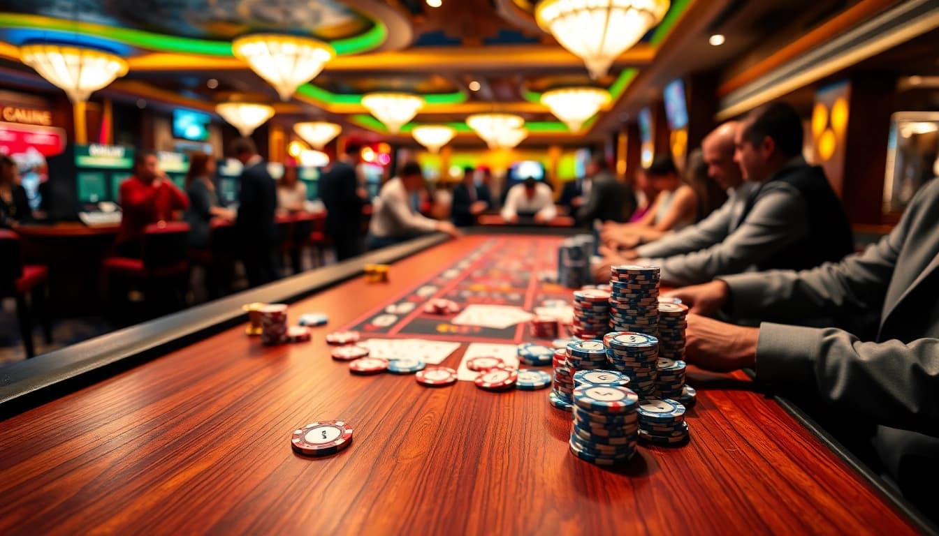 Aksi menarik di kasino dengan 88SLOTDEWA, kartu dan chip berwarna cerah menciptakan suasana menyenangkan.