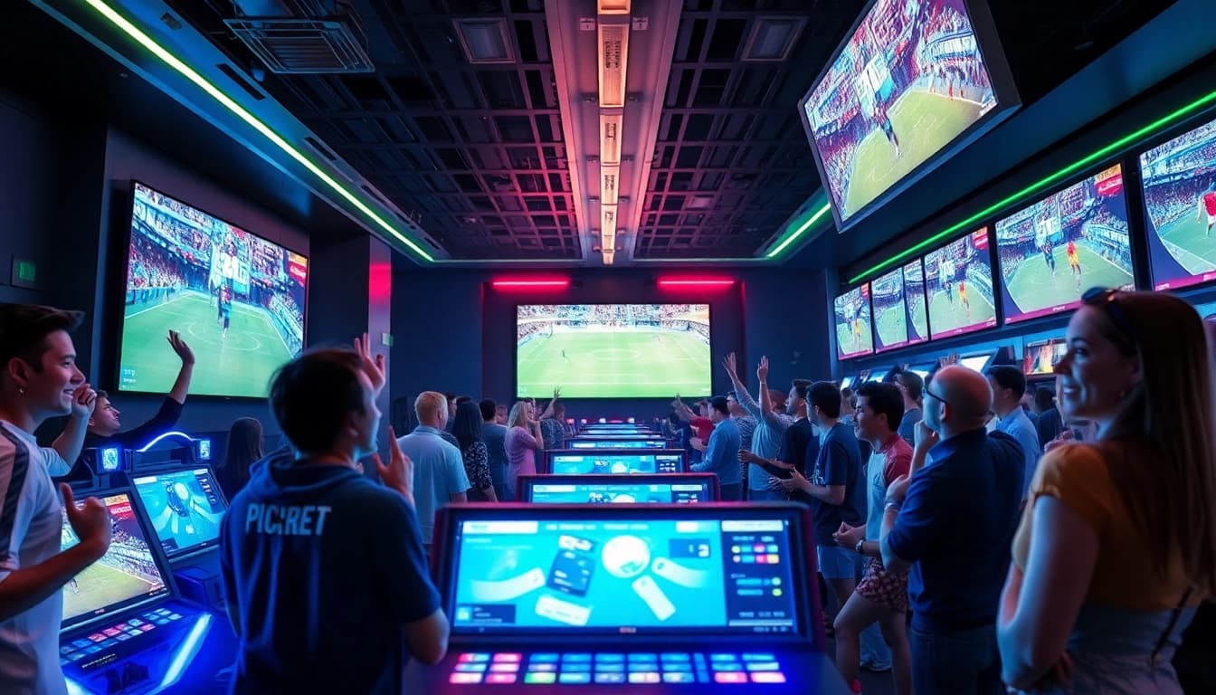 Dynamic sports betting environment featuring live games and fans, showcasing 토토스토리 excitement.