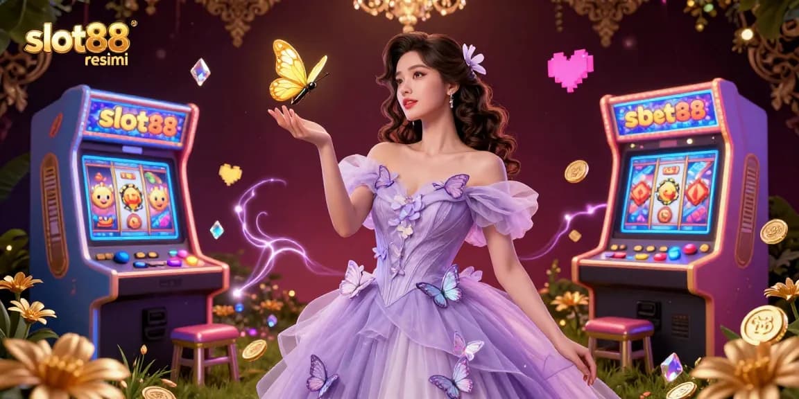 Rasakan kegembiraan dengan slot88 resmi dalam ilustrasi bertema kasino yang cerah menampilkan kupu-kupu emas dan gulungan slot.