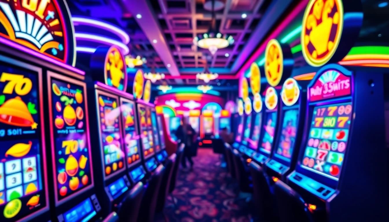 Slot777 machines in vibrant casino setting enticing players to enjoy the games.