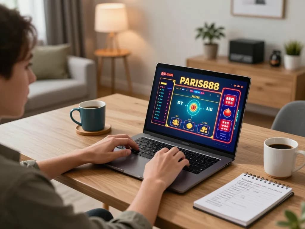 Engaging in online gaming on Paris888, showcasing a stylish setup with casino games on the screen.