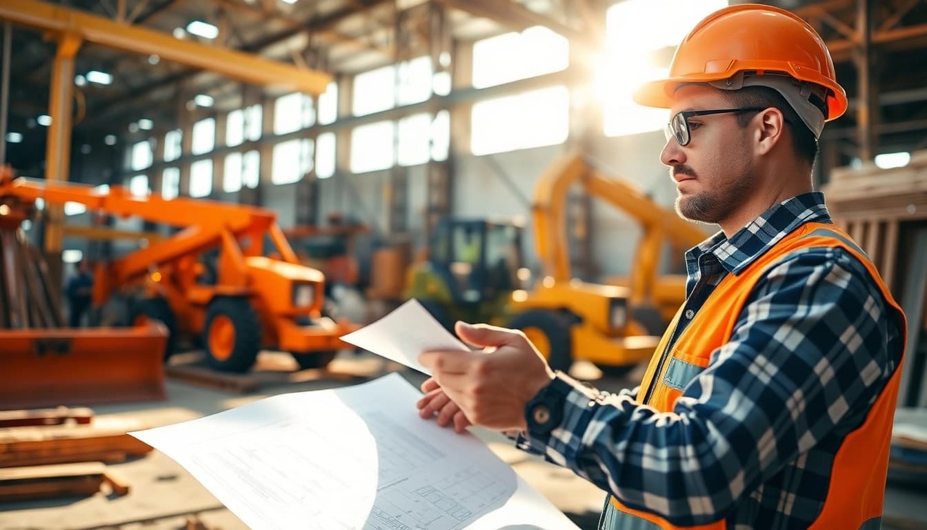 Construction worker focused on blueprints symbolizes nccer certification preparation.