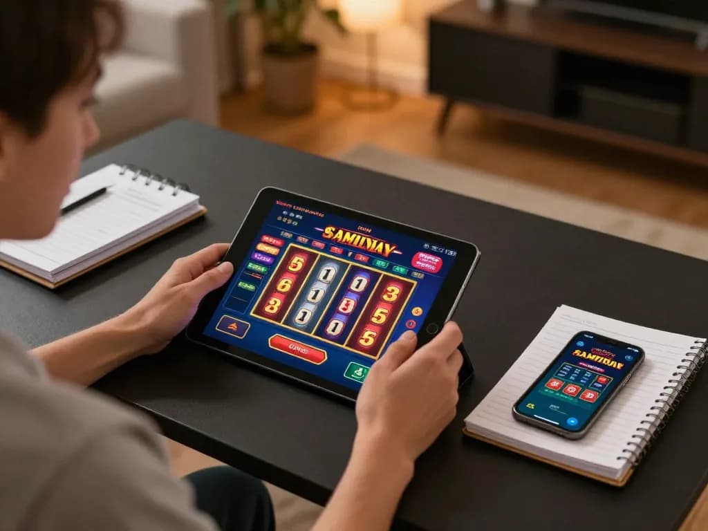 Playing casinò americani online from a cozy home setup with tablet showing casino games and strategy notes.