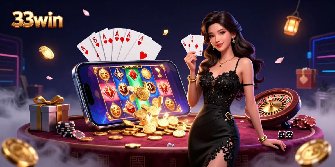 Experience thrilling gameplay at 33win with a photorealistic Asian woman revealing playing cards in a vibrant casino scene.