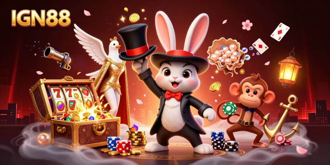 Menangkan jackpot dengan IGN88 melalui ilustrasi yang menampilkan kelinci penyihir menarik koin emas dan simbol slot keberuntungan.