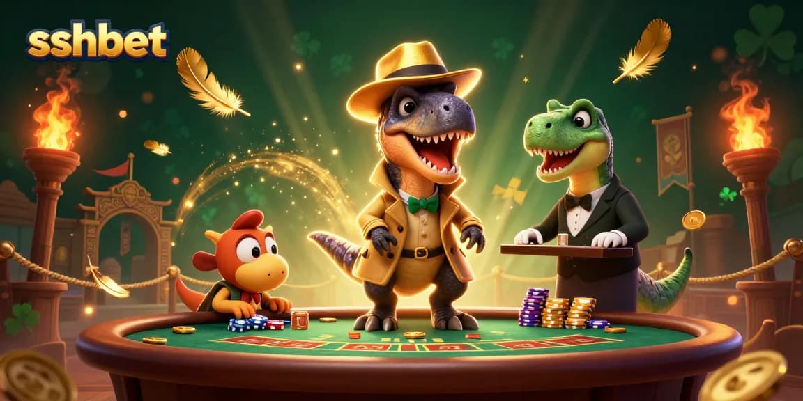Experience thrilling gameplay with sshbet featuring a velociraptor at a blackjack table, vibrant casino elements throughout.