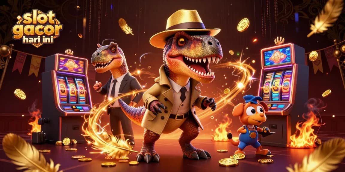 Spin and win at the slot gacor hari ini with a velociraptor card counter in a bustling casino scene.