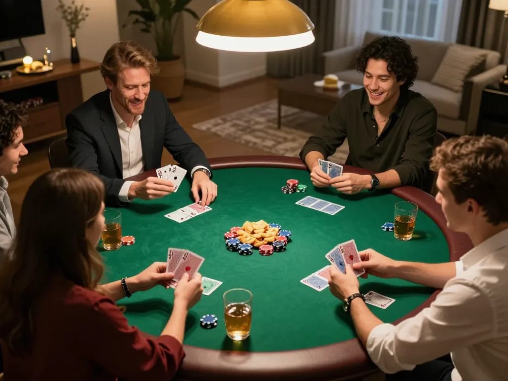 Friends enjoying a thrilling poker night at home featuring qq88 card games and lively interaction.