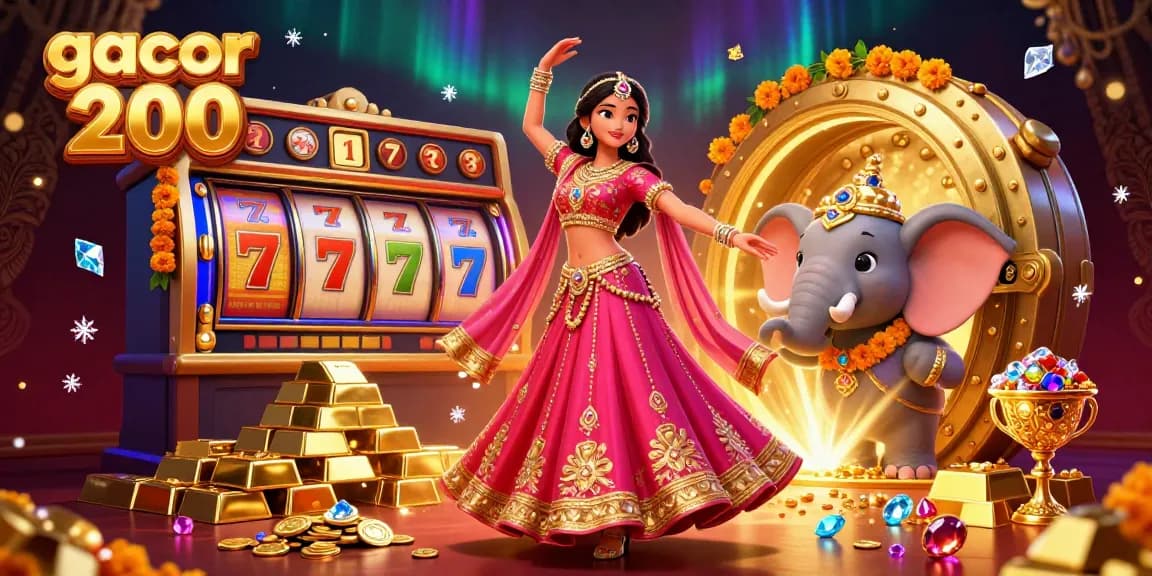 Engage with gacor 200's vibrant casino scene featuring a dazzling woman and a bejeweled elephant among treasures.