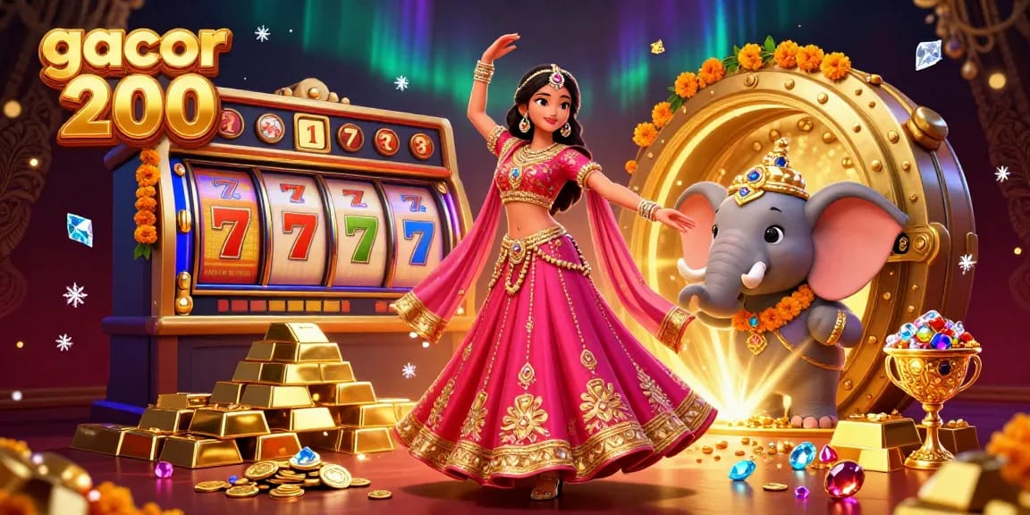Engage with gacor 200's vibrant casino scene featuring a dazzling woman and a bejeweled elephant among treasures.