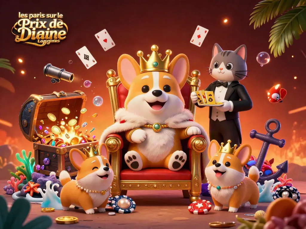 Experience excitement with les paris sur le Prix de Diane Longines, featuring a royal corgi and vibrant casino elements.