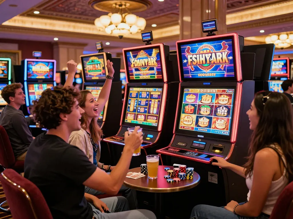 Friends celebrating a win at colorful slot machines on a vibrant casino floor, showcasing situs slot action.