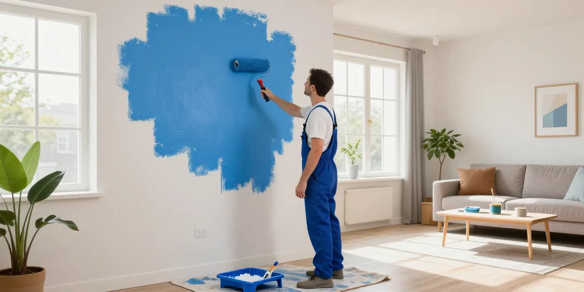 Painters in Columbus Ohio enhancing a living room with fresh blue paint, showcasing transformation and creativity in home improvement.