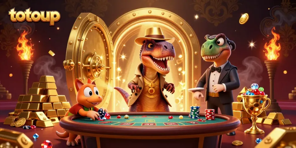 totoup card counter scheme as a velociraptor at a blackjack table surrounded by treasures