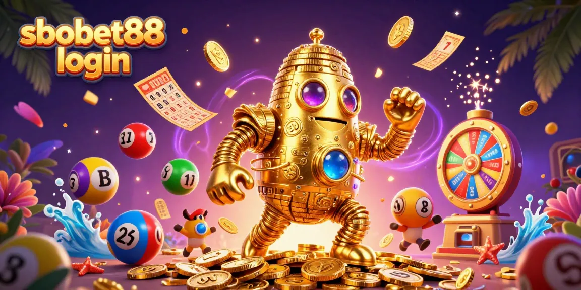 Experience sbobet88 login with dynamic 3D illustration showcasing vibrant casino elements and gaming excitement.