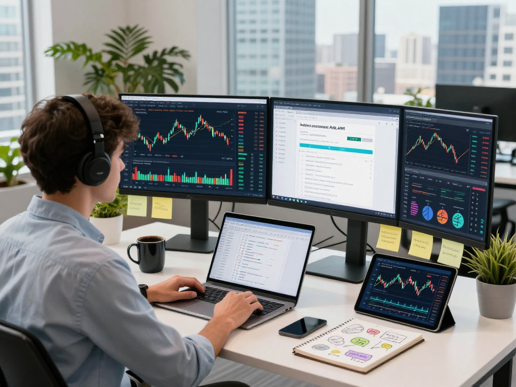 Developer analyzing index constituent stocks API data in a modern workspace with dual monitors.