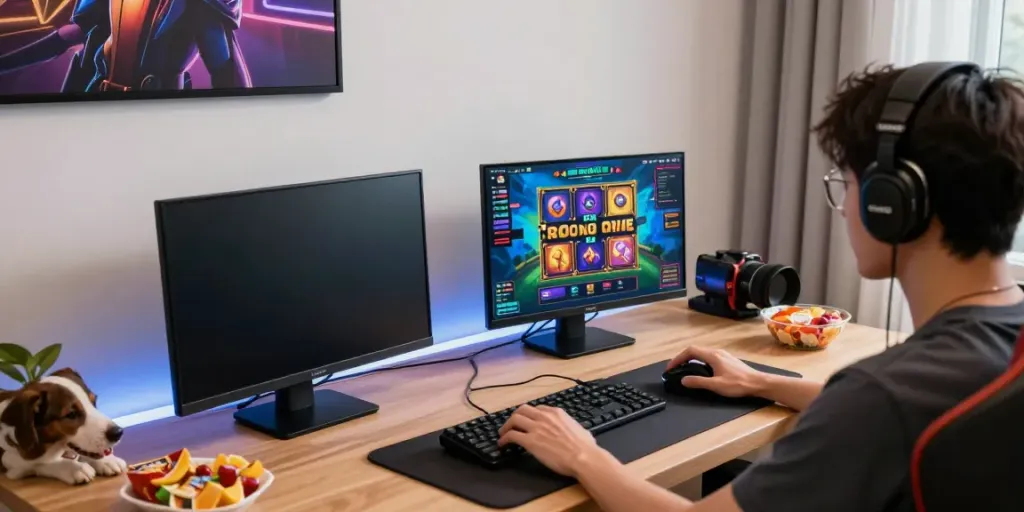 Player enjoying a thrilling slot88 game on a smartphone in a vibrant gaming environment.
