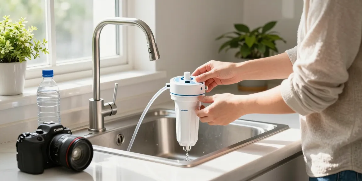 Inspecting the Waterdrop Spin Down Sediment Filter in a modern kitchen setup.