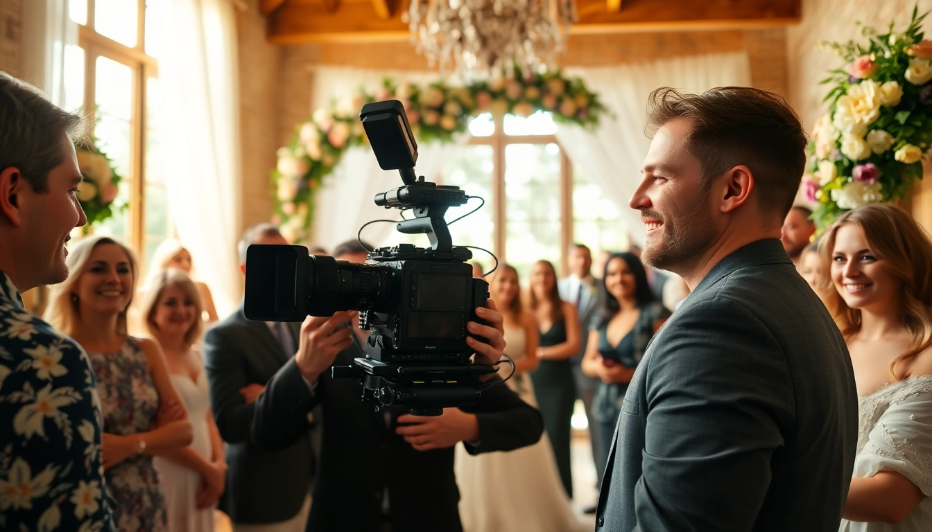 Videographer capturing a wedding scene filled with joy, warm lighting, and vibrant decor.