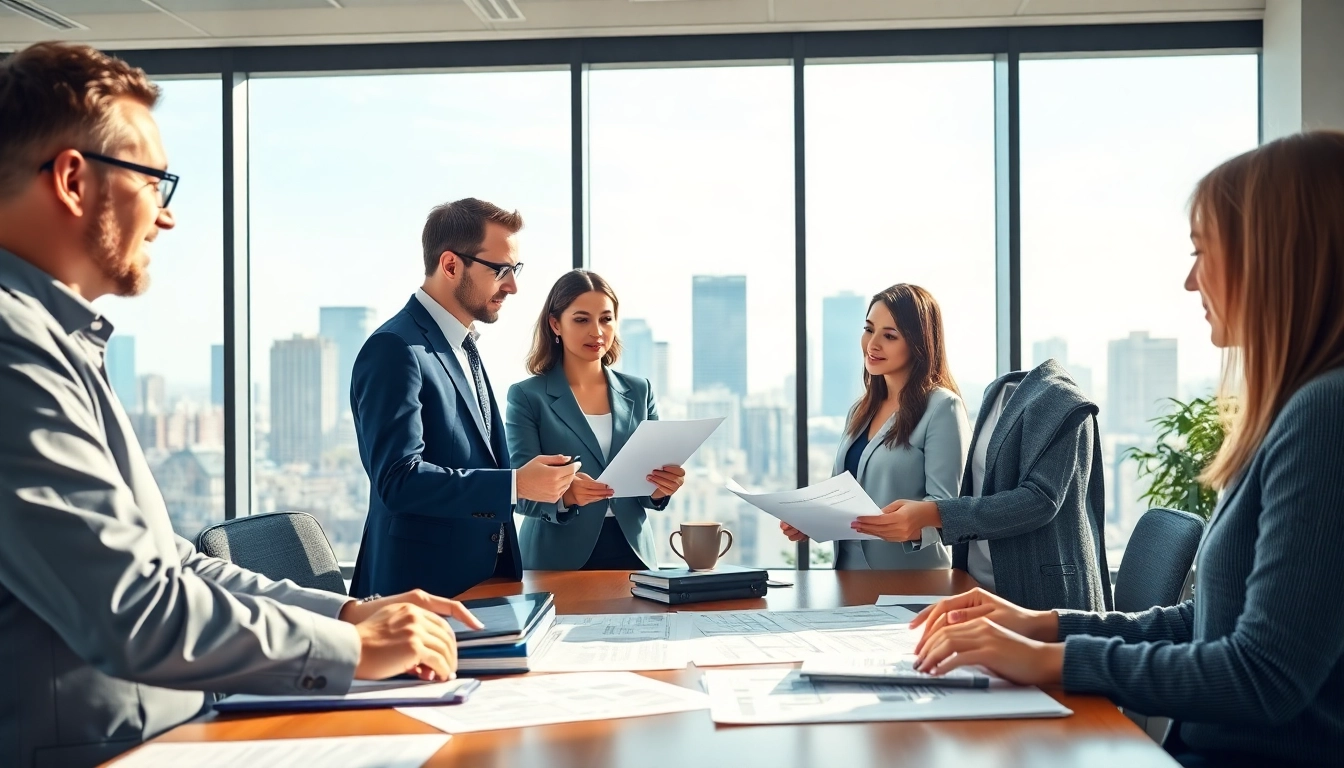 Engaged professionals discussing Federal and State contracts in a modern office space.