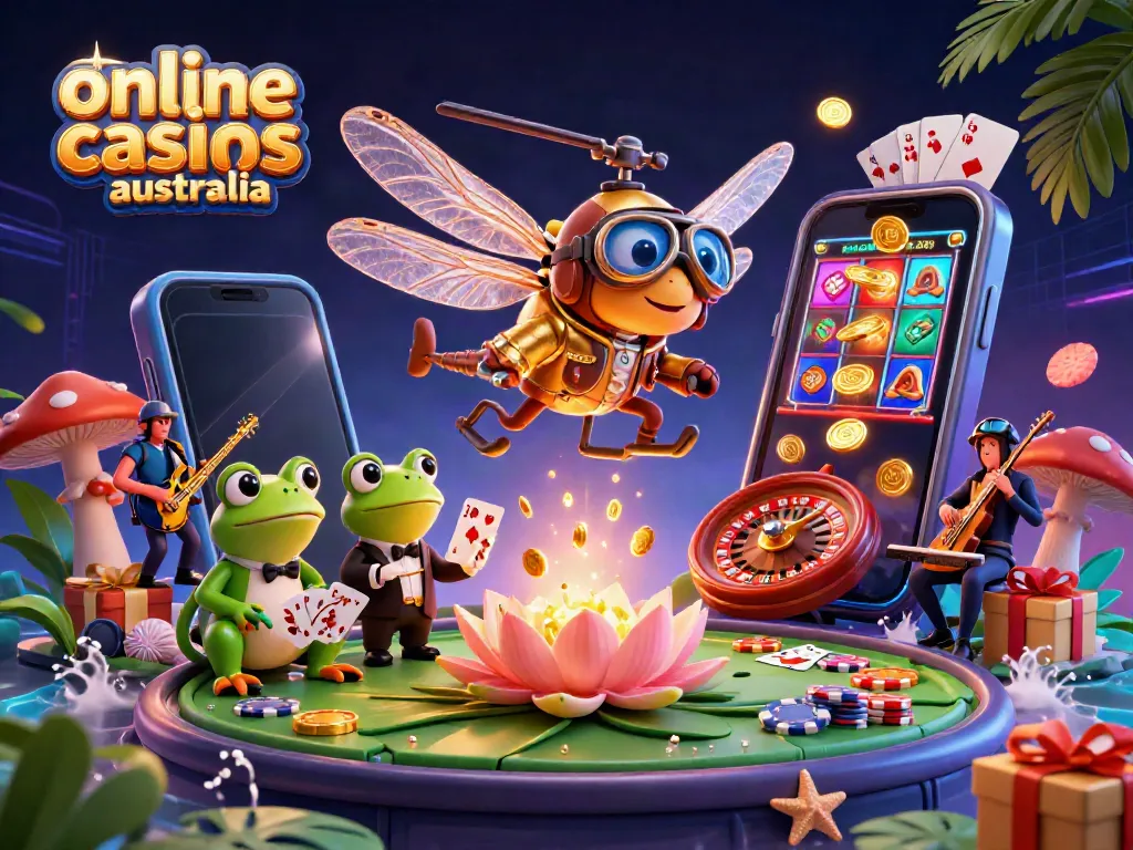 Explore vibrant online casinos Australia scene with animated characters and slot game elements