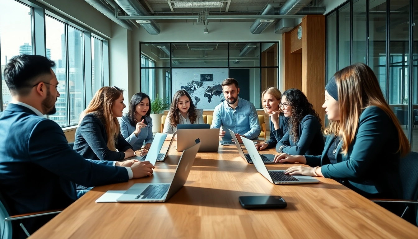 Team collaborating on strategies for google ads edmonton in a vibrant office setting.
