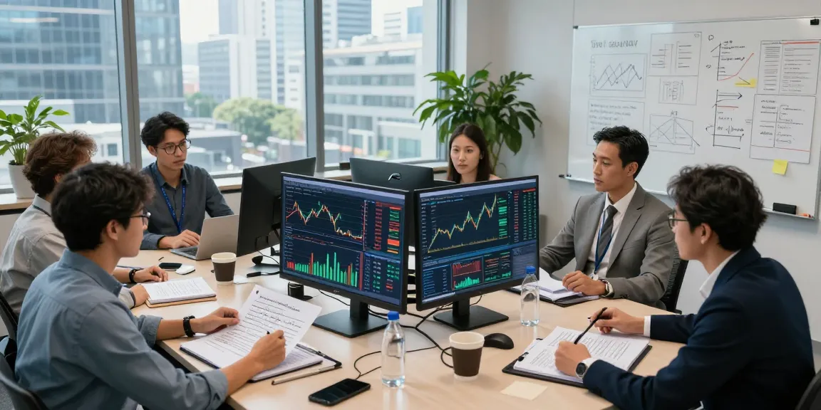 Data analysts reviewing real time market data in a modern office setting