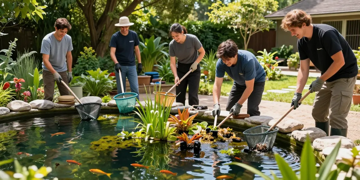 Pond Clean Surrey professionals maintaining a healthy ecosystem by cleaning a lush garden pond with vibrant aquatic plants.